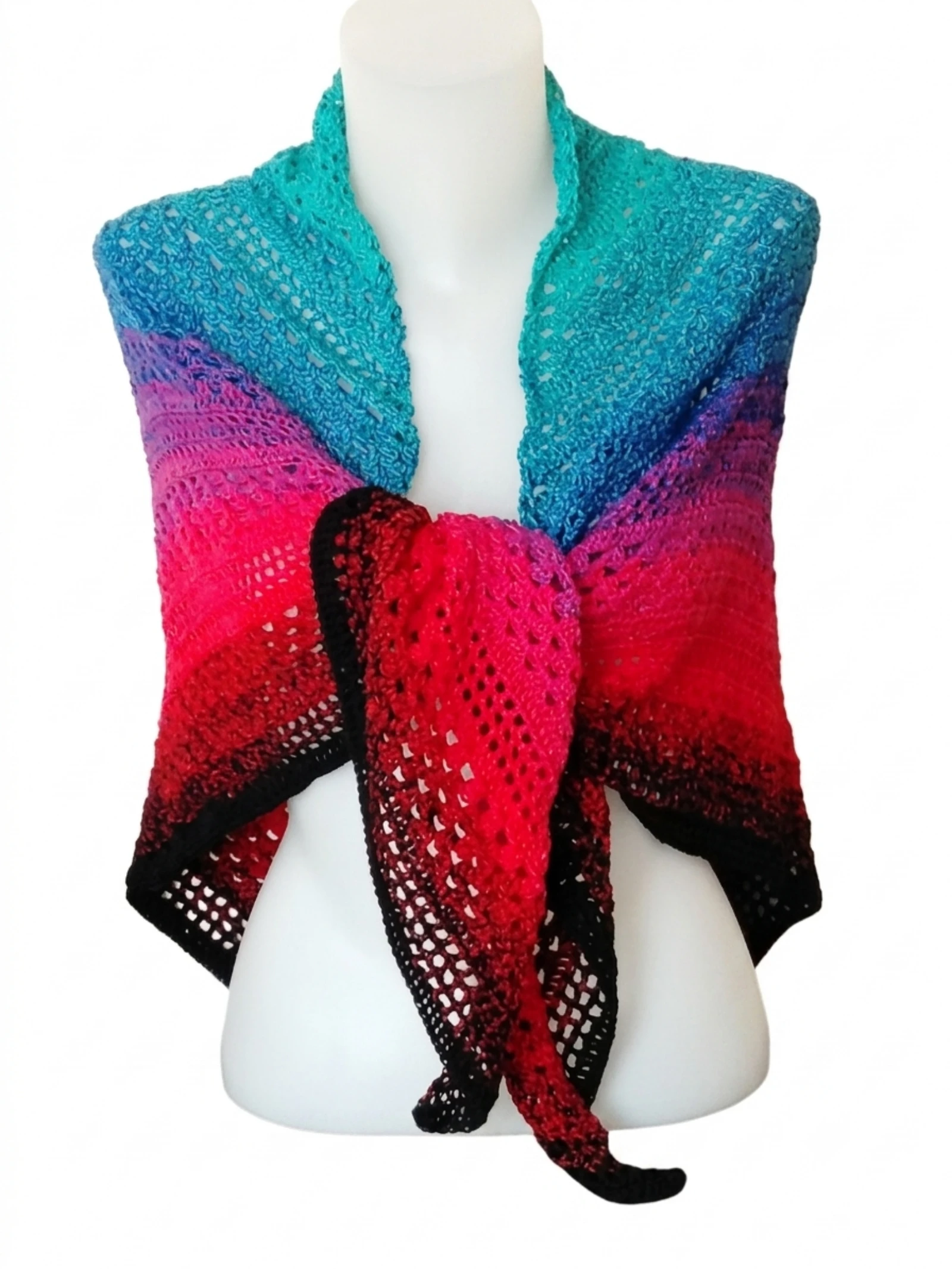 Large Handmade Crochet Shawl - Beautiful Turquoise, Purple, Red & Black Gradient – photo 8